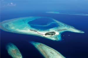 Aerial view of Constance Moofushi Resort, Maldives