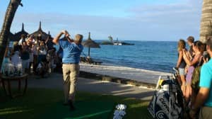 Poolside tee off - Colin Montgomerie entertains the crowds at Constance Belle Mare Plage