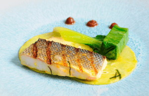 Team A's Main: Organic Grilled seabass from Gulf of Corinth with calebasse (gourd), claws and mussel curry broth