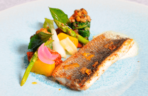 Team E's Main Dish: Pan fried seabass marinated with local chards and vegetables